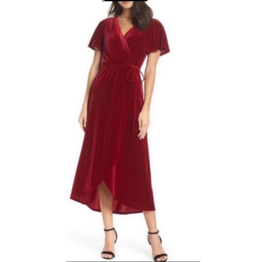 Chelsea 28 Red Wine Faux Wrap Velvet Midi Dress